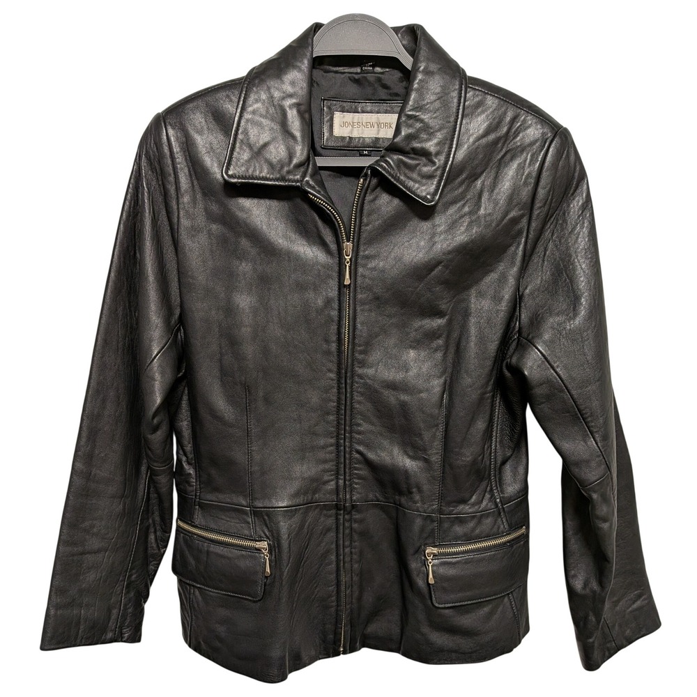 Jones New York VTG Leather Jacket M Black Zip Front Biker 90s Minimalist Chic
